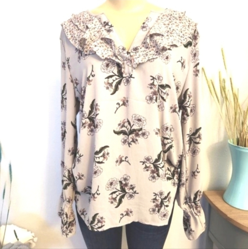 LOFT Floral Print Blouse with Ruffle Collar